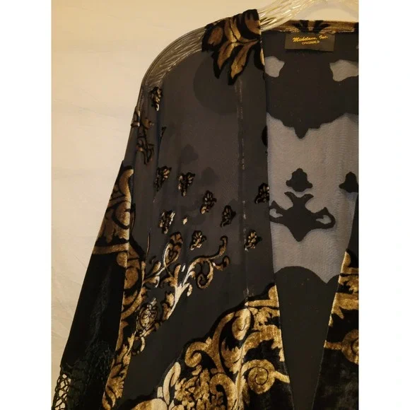 Michelann Original Whimsigoth Shawl Black Gold Burnout Velvet  Fringed Vintage - Picture 5 of 11